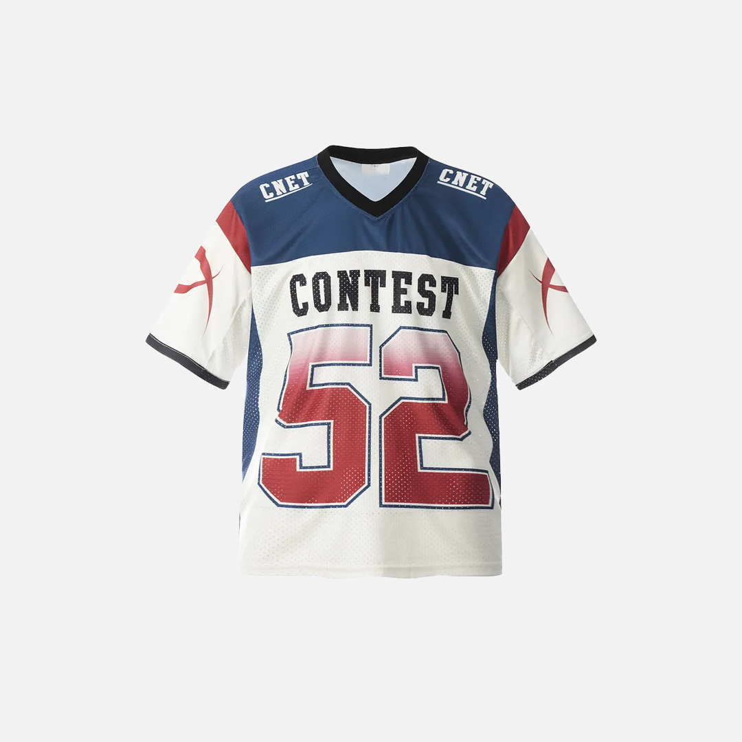 Isoliertes Y2K Patchwork-Mesh-Jersey-Sport-T-Shirt