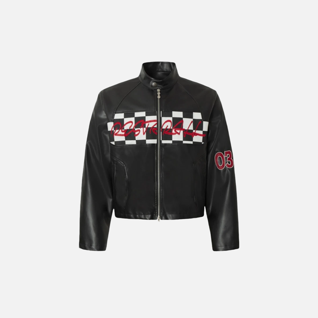 Stylische Hip-Hop-Motorradjacke aus PU-Leder mit Karomuster und Reißverschluss