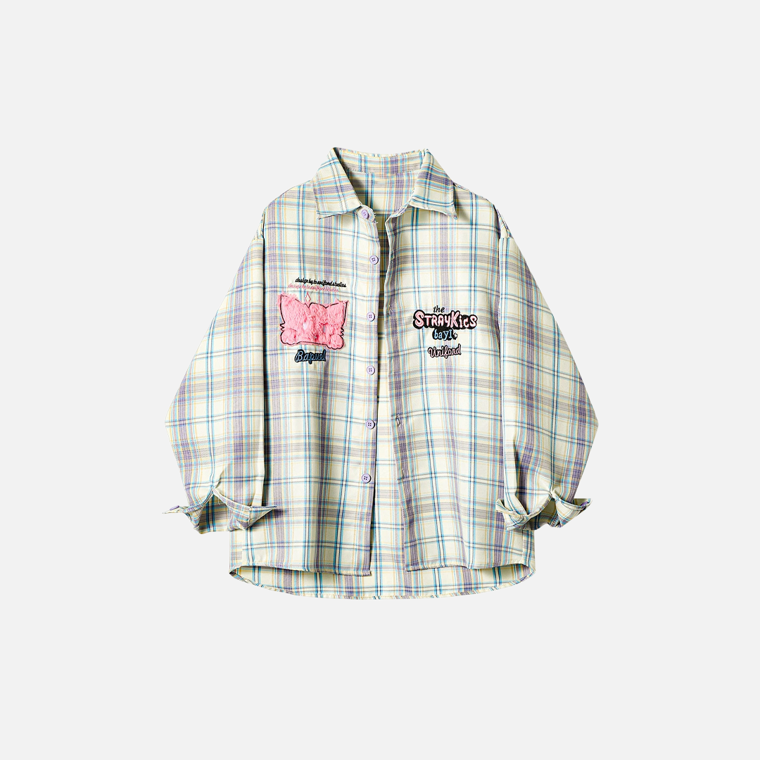 Chemise à manches longues à revers brodé à carreaux, printemps-automne