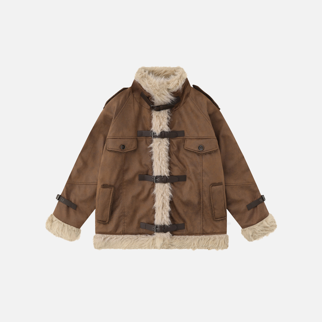 Winterliche Lederjacke mit vielen Taschen, dick und hochgeschlossen, dicke Jacke