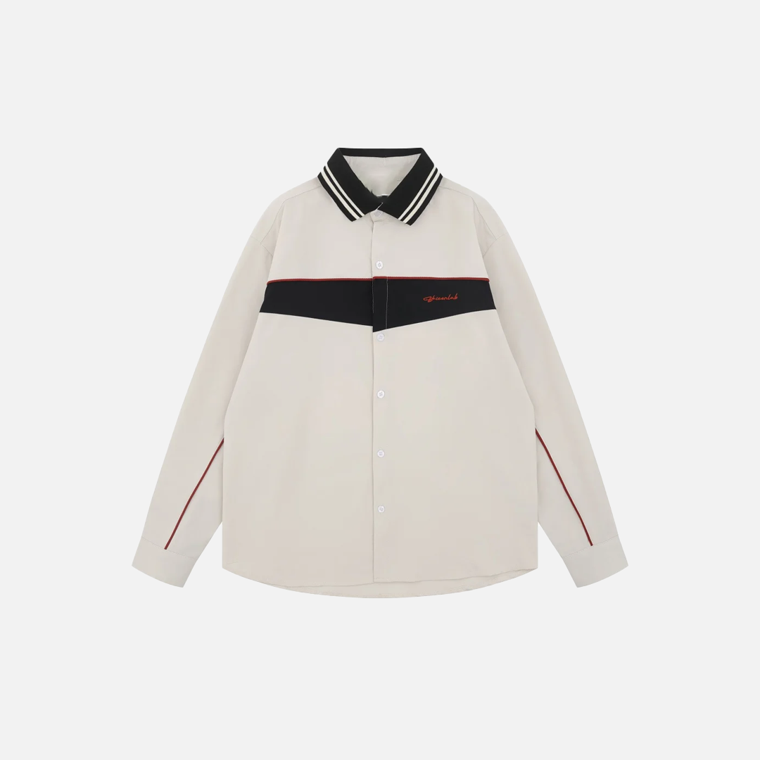 Chemise à manches longues chic avec broderie de lettres et empiècements contrastés