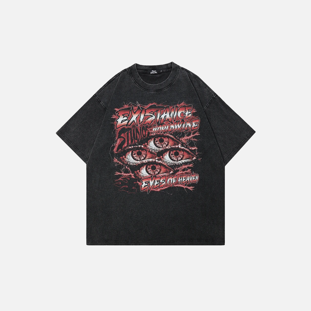 Y2K Streetwear Washed Black Graphic Eyes T-Shirt
