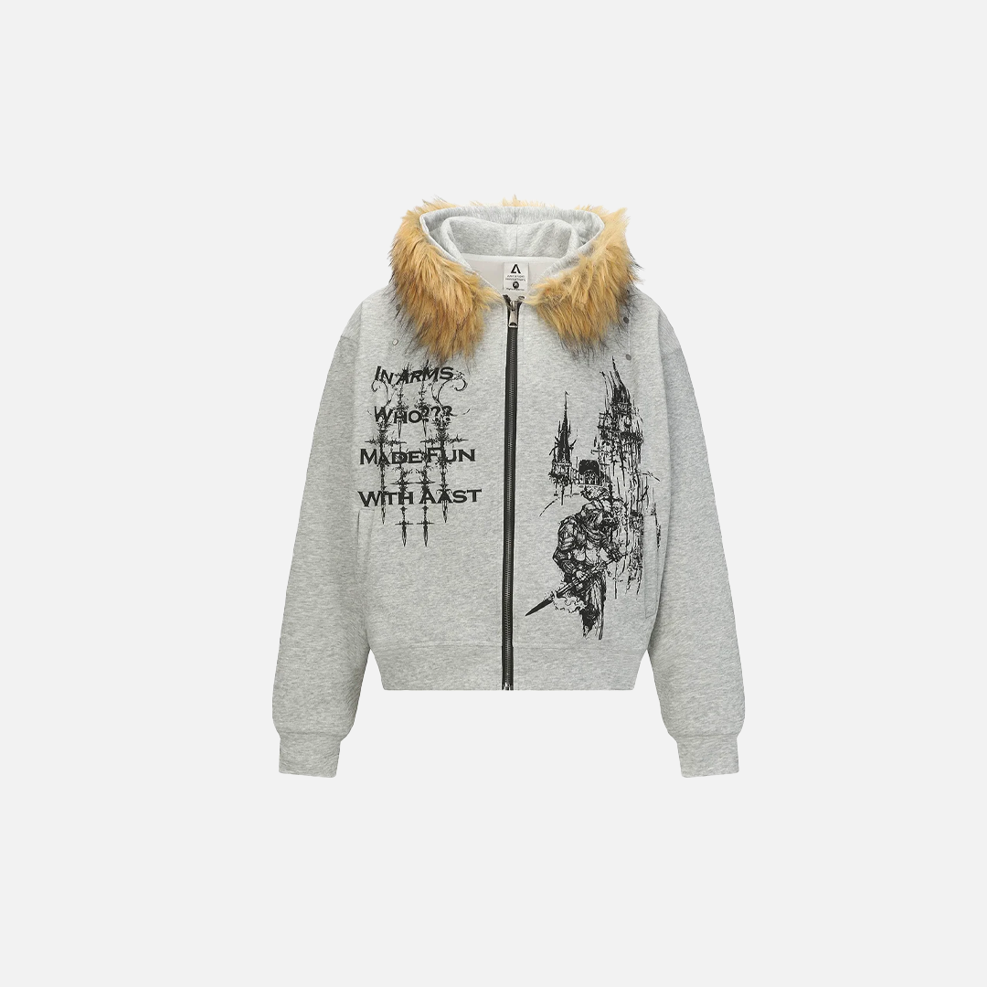 Y2K Retro Graffiti Kapuzenpullover mit Reißverschluss und Pelzkragen
