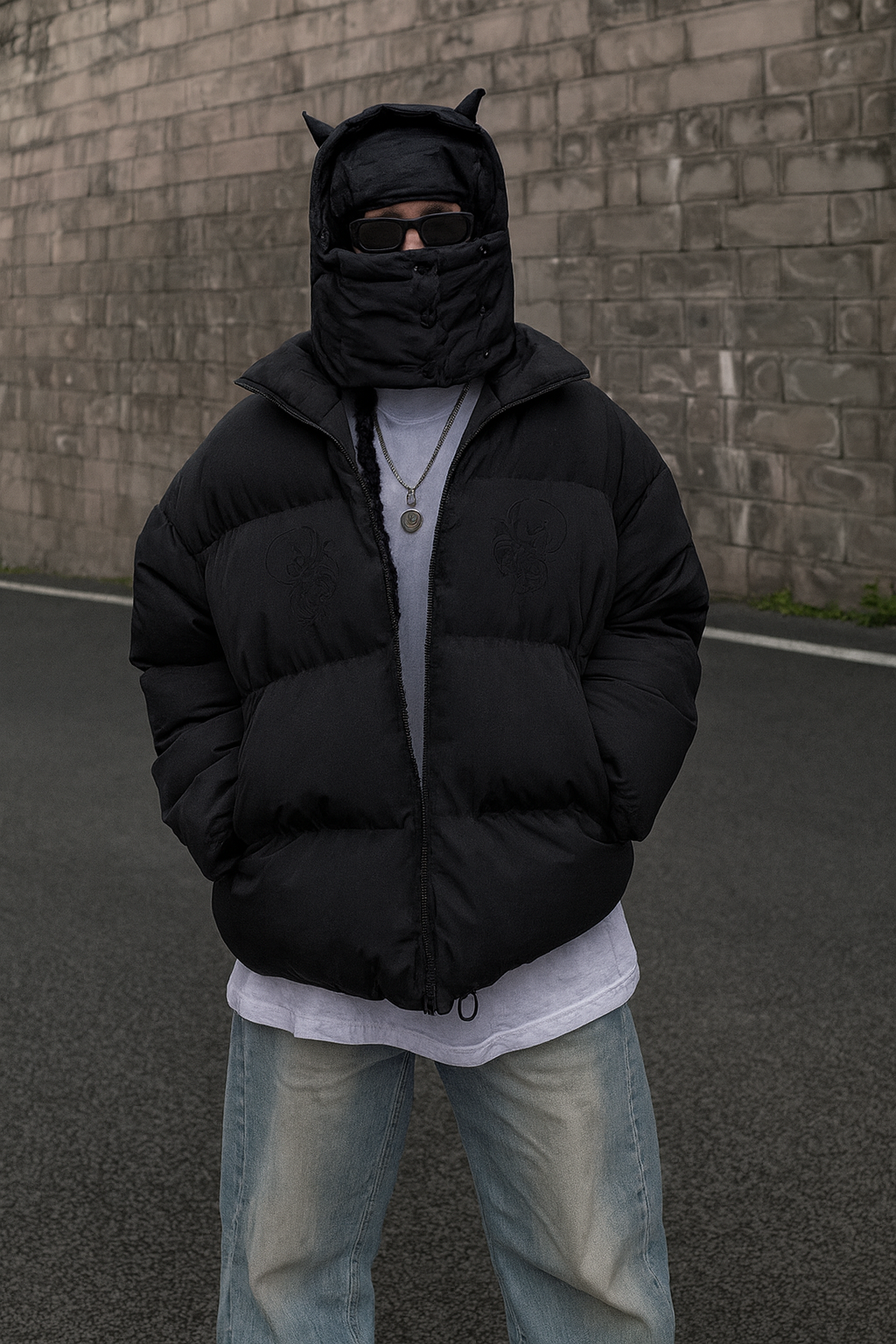 Doudoune chaude noire à capuche et col masqué