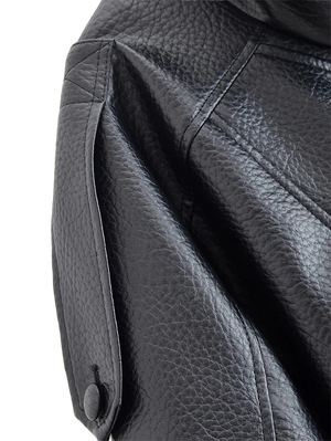 Style yourself in this oversized black leather jacket, featuring a chic high collar and elasticated hem for a sophisticated yet edgy streetwear look.