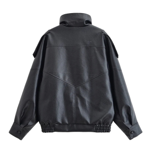 Style yourself in this oversized black leather jacket, featuring a chic high collar and elasticated hem for a sophisticated yet edgy streetwear look.
