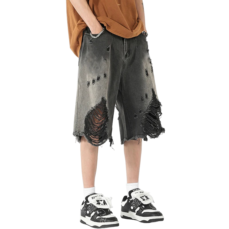 Black Baggy Ripped Denim Shorts