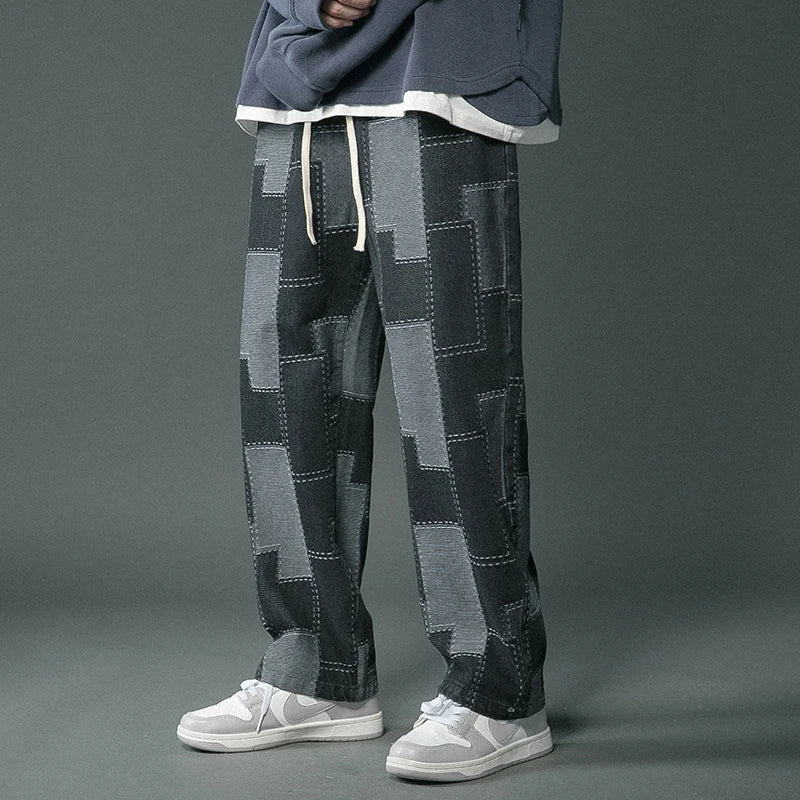 Vintage Hip-Hop-Jeans mit geometrischem Patchwork-Design