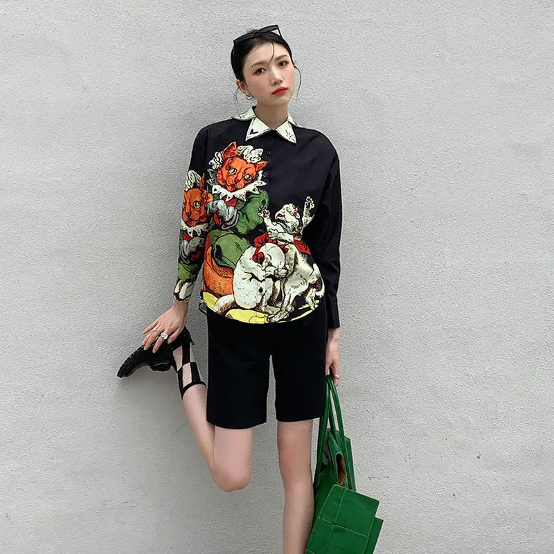 Schwarzes Langarmshirt mit Print für Damen