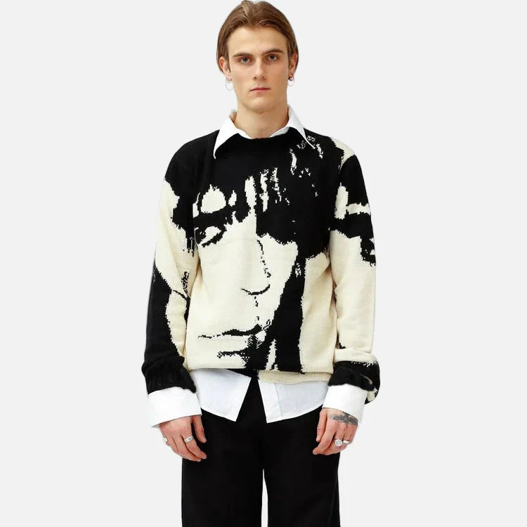 Pull imprimé portrait en tricot japonais streetwear