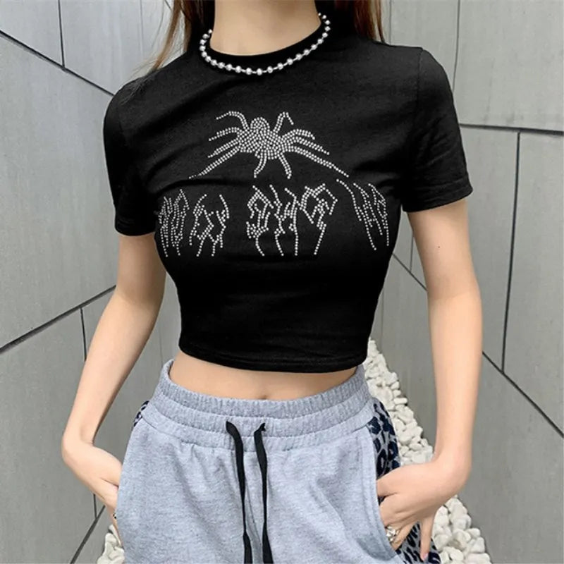 Y2K Strassverziertes T-Shirt