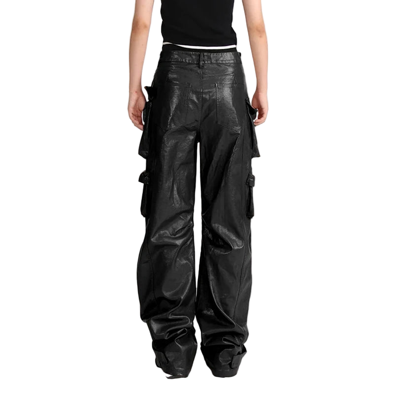 Streetwear Leather Patchwork High Waist Pants