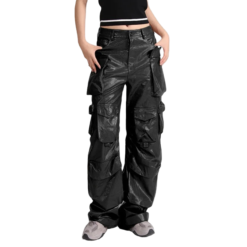 Streetwear Leather Patchwork High Waist Pants