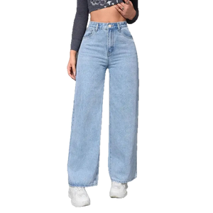 Light blue jeans worn by a person on a white background