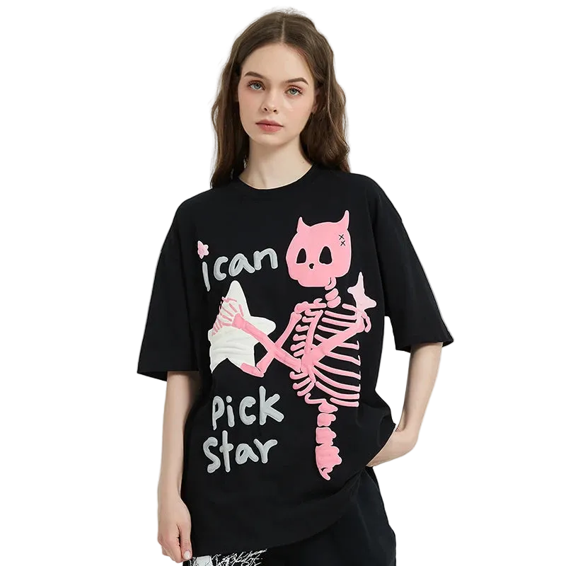 Person wearing a black t-shirt with a pink skeleton design and text on a white background