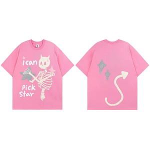 Pink t-shirt with skeleton design and text on front, and star and arrow design on back.