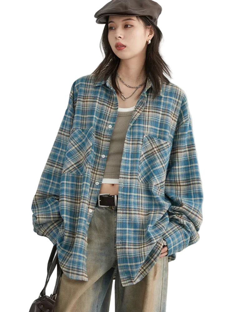 Style yourself in this oversized blue plaid flannel shirt, designed with a relaxed drop-shoulder fit for the perfect grunge-inspired streetwear aesthetic.