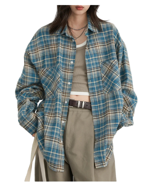 Style yourself in this oversized blue plaid flannel shirt, designed with a relaxed drop-shoulder fit for the perfect grunge-inspired streetwear aesthetic.