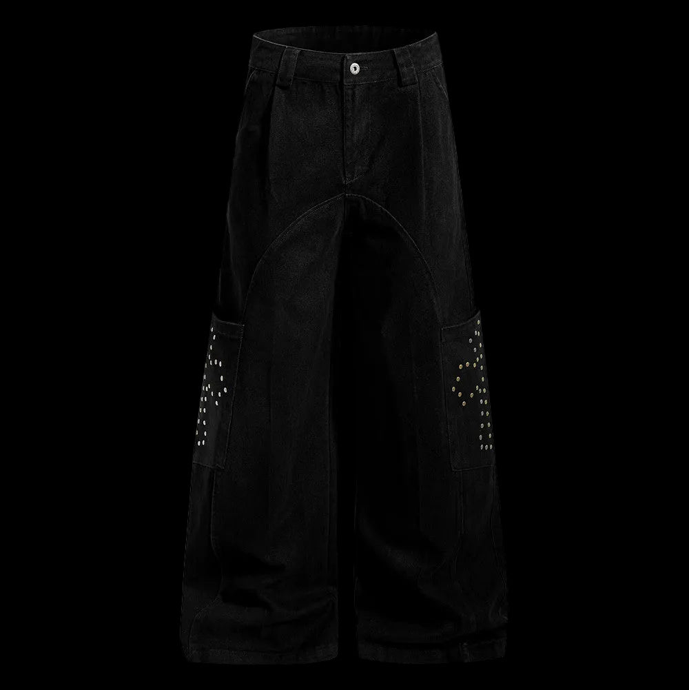 Black wide-leg pants with decorative elements on a white background