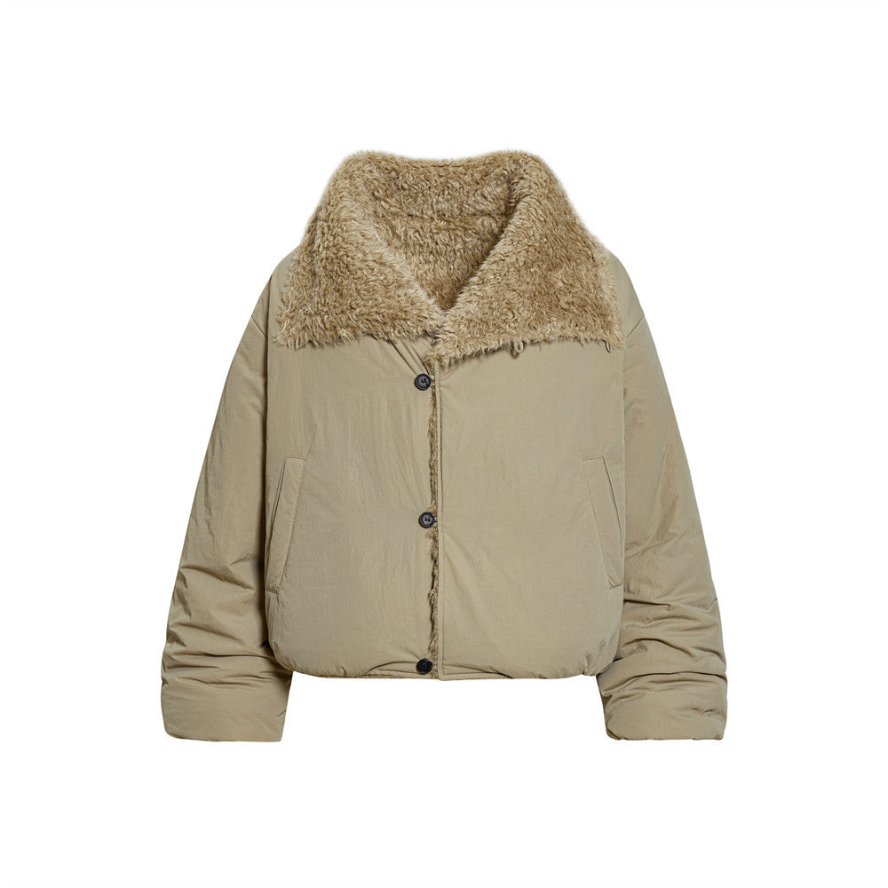 Beige puffer jacket with brown fur collar on a white background