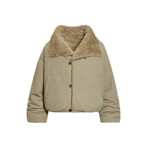 Beige puffer jacket with brown fur collar on a white background