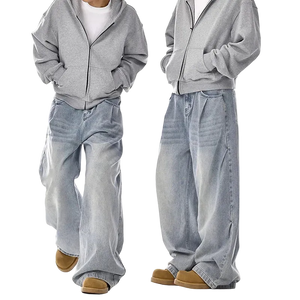 Two views of a person wearing a gray hoodie and light blue jeans on a white background