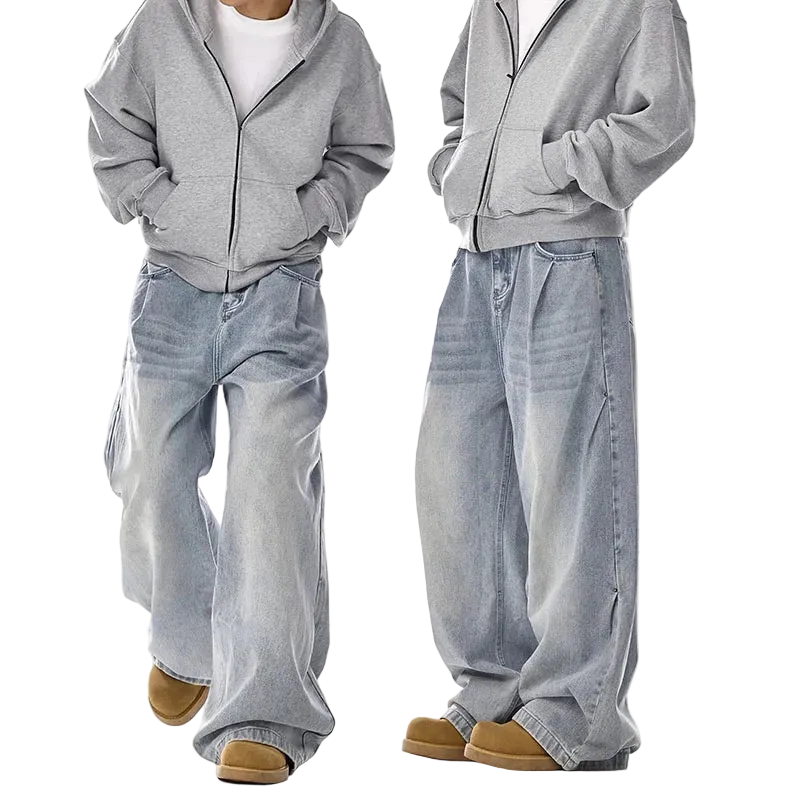 Two views of a person wearing a gray hoodie and light blue jeans on a white background