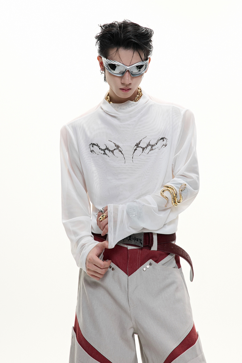 Mesh-T-Shirt mit Metallic-Print
