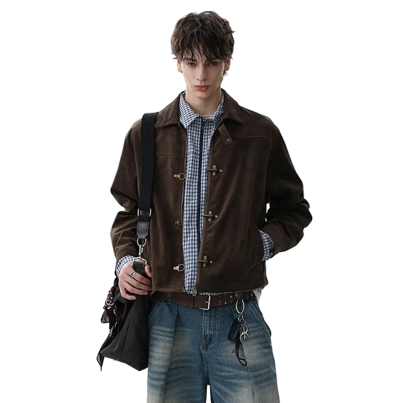 Man wearing a brown jacket, plaid shirt, and jeans on a white background