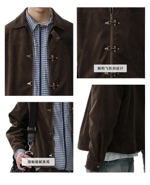 Brown jacket with detailed views of buttons and fabric texture on a white background