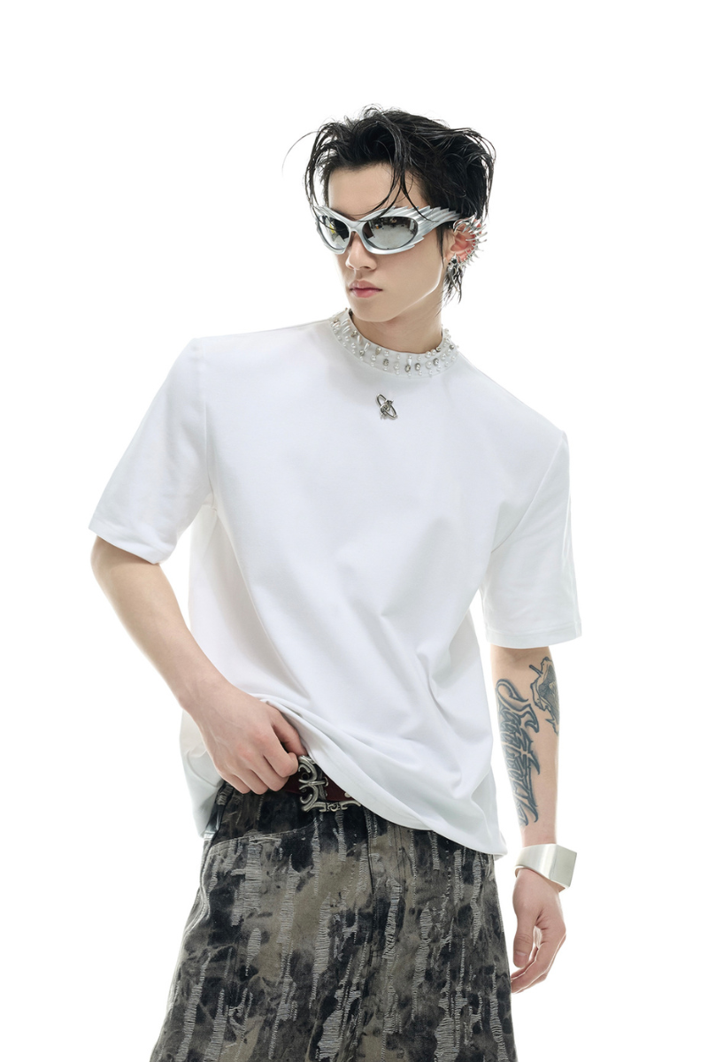 T-shirt en modal, strass et perles