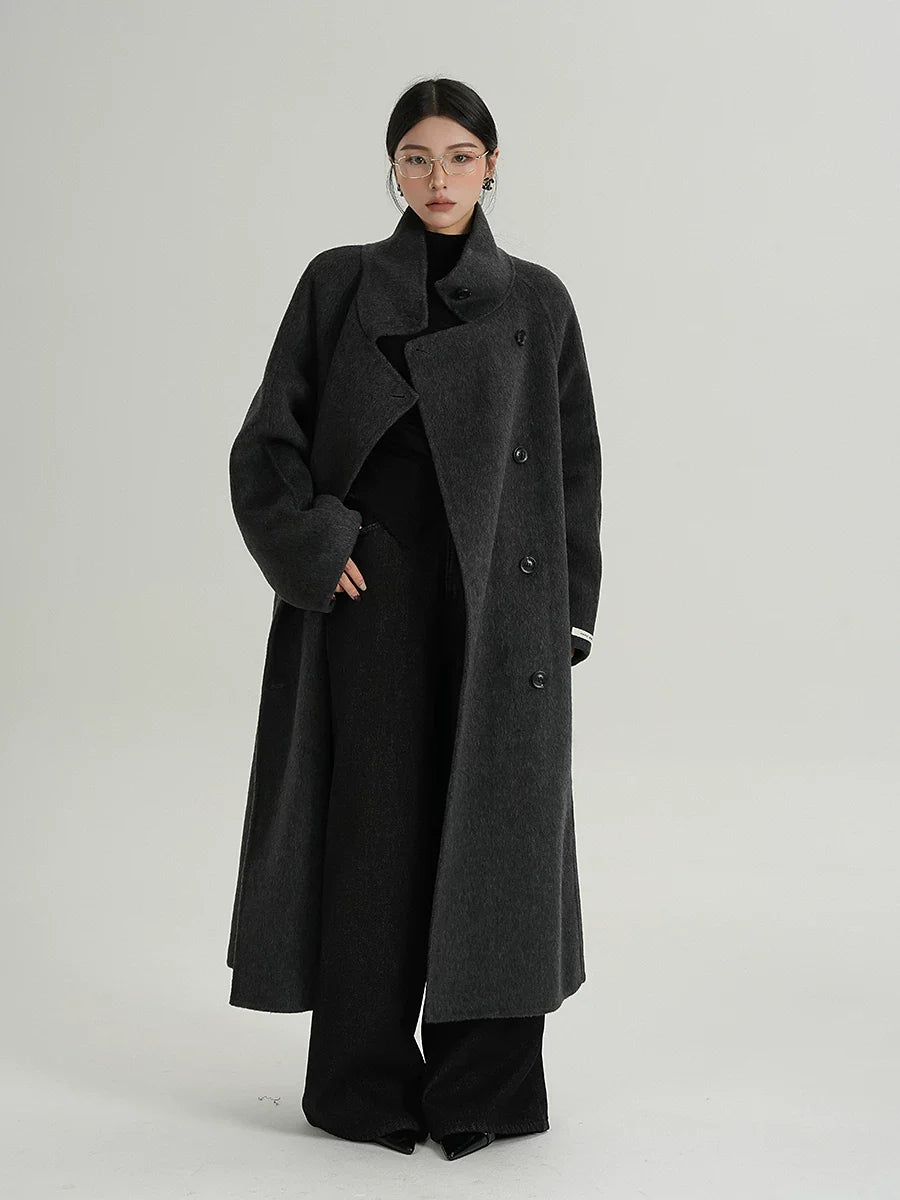Black-Gray Cocoon Funnel-Neck Wool Coat