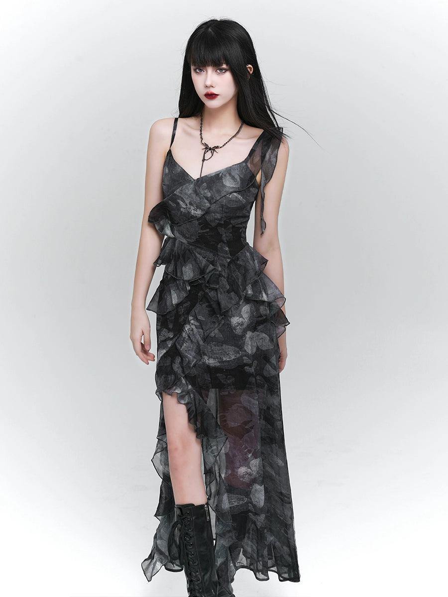 Ladyghost Dark Glamour Asymmetrical Maxi Dress - Women'S Sheer Floral Print Ruffle Dress With High Slit