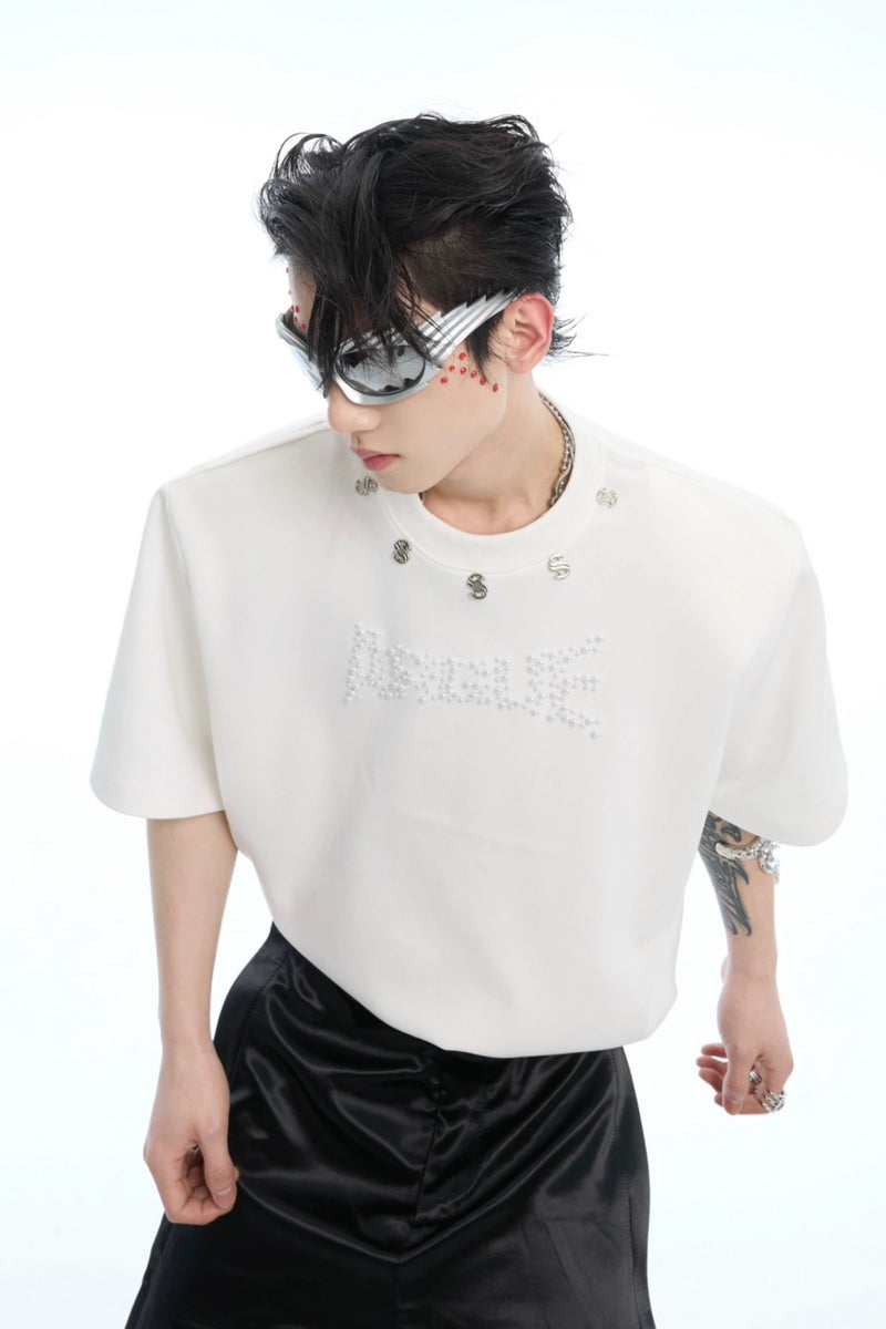 T-shirt à épaulettes rembourrées avec logo perle