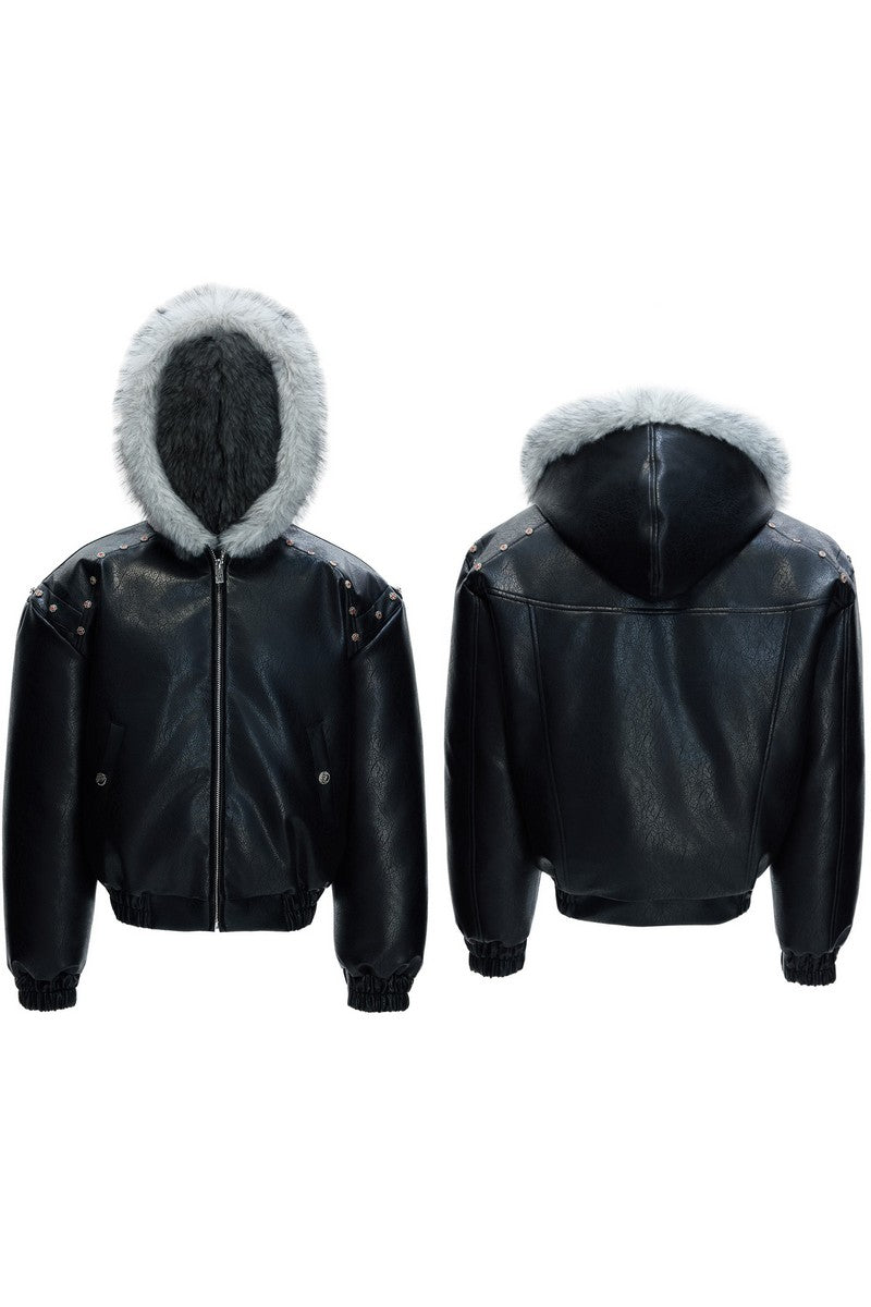 Kapuzen-Leder-Steppjacke
