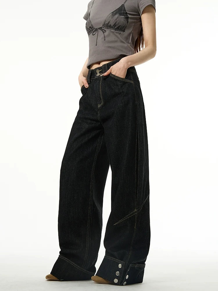 Wide-Leg Jeans with Cuffed Hems and Button Details