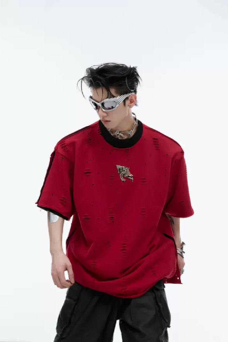 Used-Look-T-Shirt mit Schulterpolstern