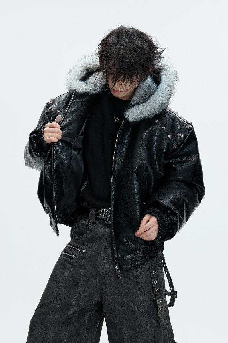 Kapuzen-Leder-Steppjacke