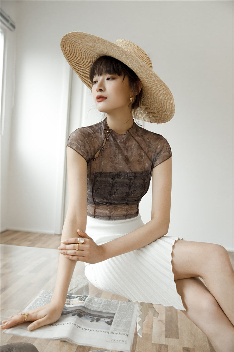Blouse vintage transparente en maille pour femme