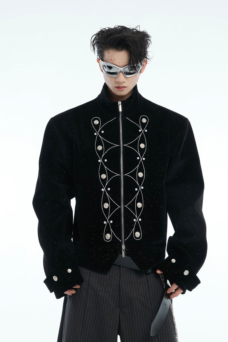 Veste à col montant scintillant et boutons métalliques