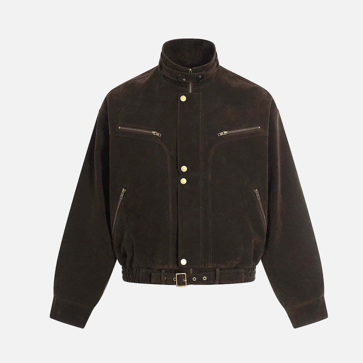 Suede Brown Bomber Jacket with Metallic Details