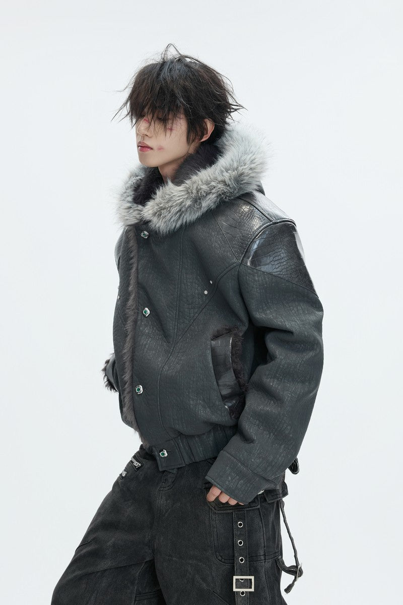Steppjacke aus Marmorimitat-Wolfspelz