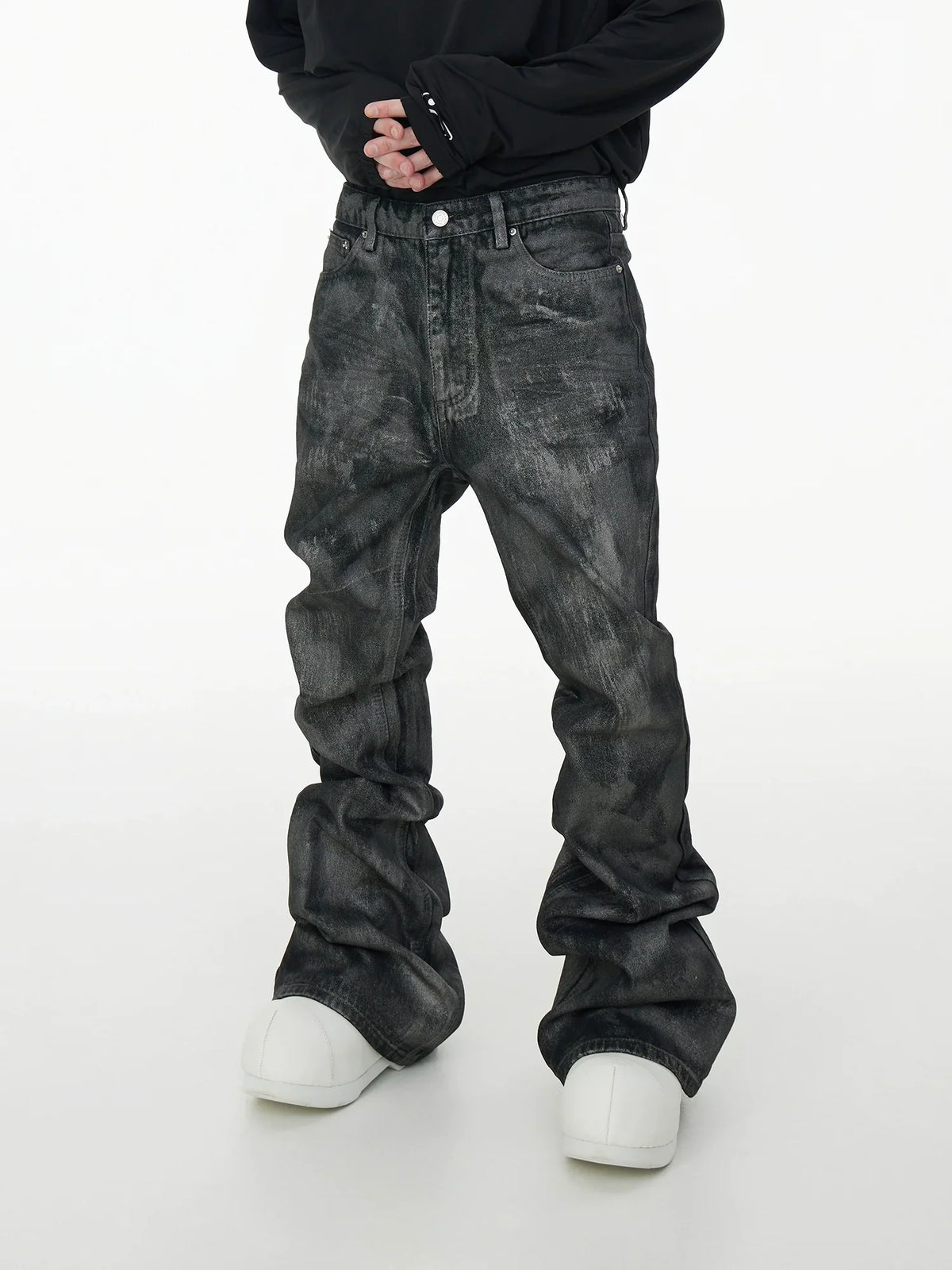 Glitter Coated Acid Wash Black Stacked Jeans