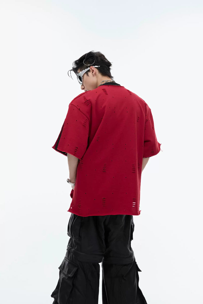 Used-Look-T-Shirt mit Schulterpolstern
