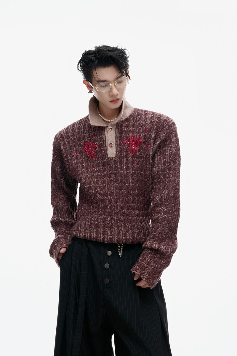 Paillettenkragen, taillierter Strickpullover