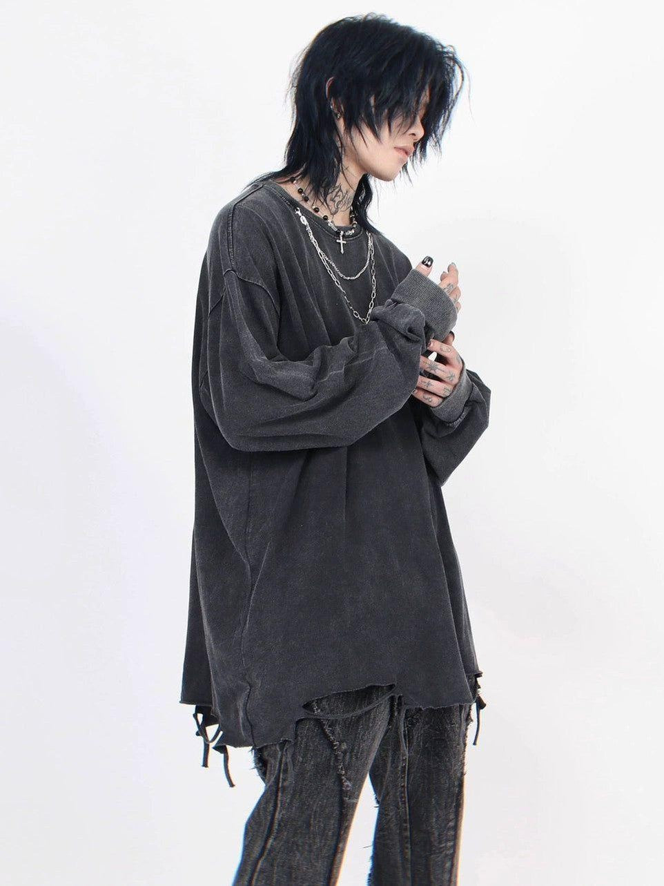 Men's Distressed Oversized Long-Sleeve Tee with Cross Necklace