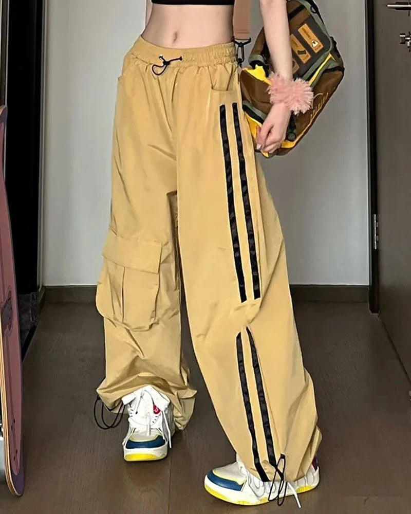 Pantalon de survêtement cargo ample à rayures style hip-hop pour femme