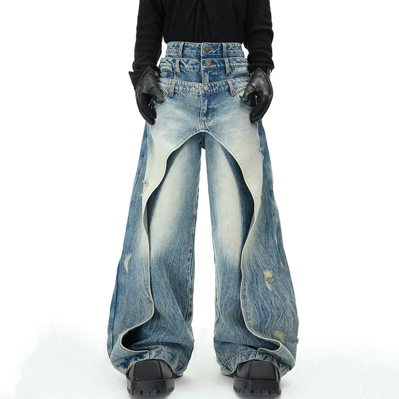 Herren-Jeans mit Lagen-Patchwork-Design und weitem Bein