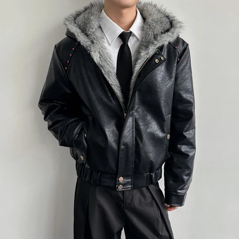 Veste en cuir et fausse fourrure douce à capuche patchwork