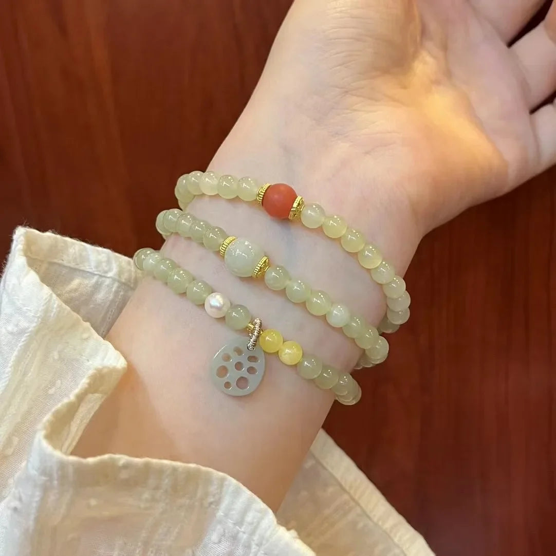 Bracelet en agate de jade Hetian naturel et lotus